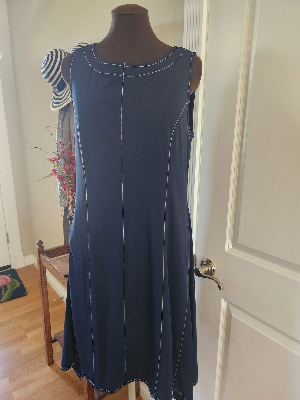 Donna Karan Navy Sleeveless A-Line Dress with White Topstitching